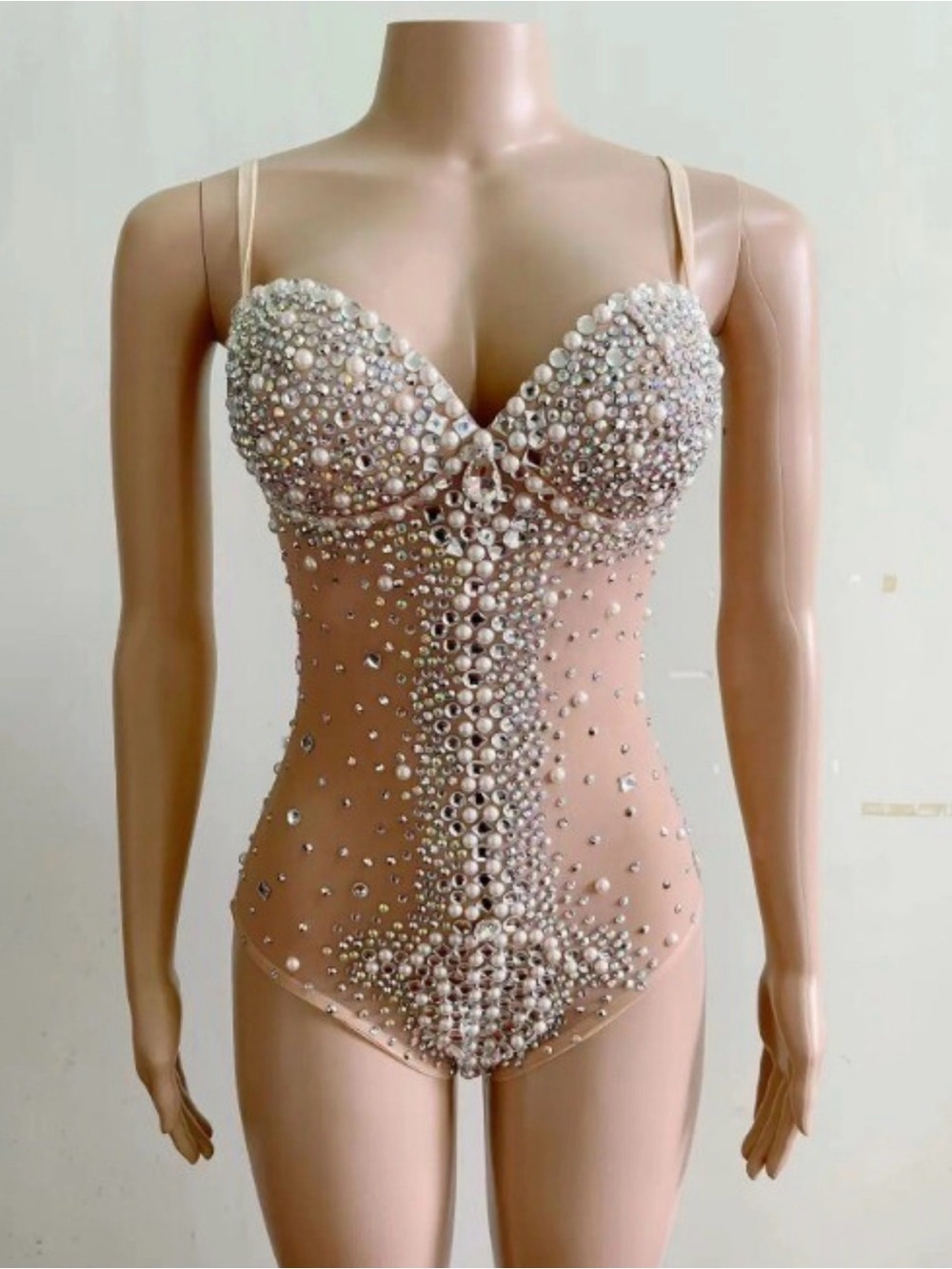 Rhinestone Crystal Embellished Nude Stretch Bodysuit One Piece Costume - Picture 7 of 11